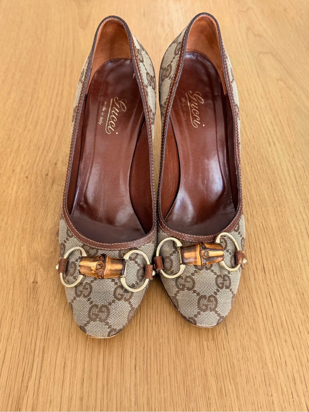 Gucci GG Canvas Bamboo Horsebit Pumps — Size 6